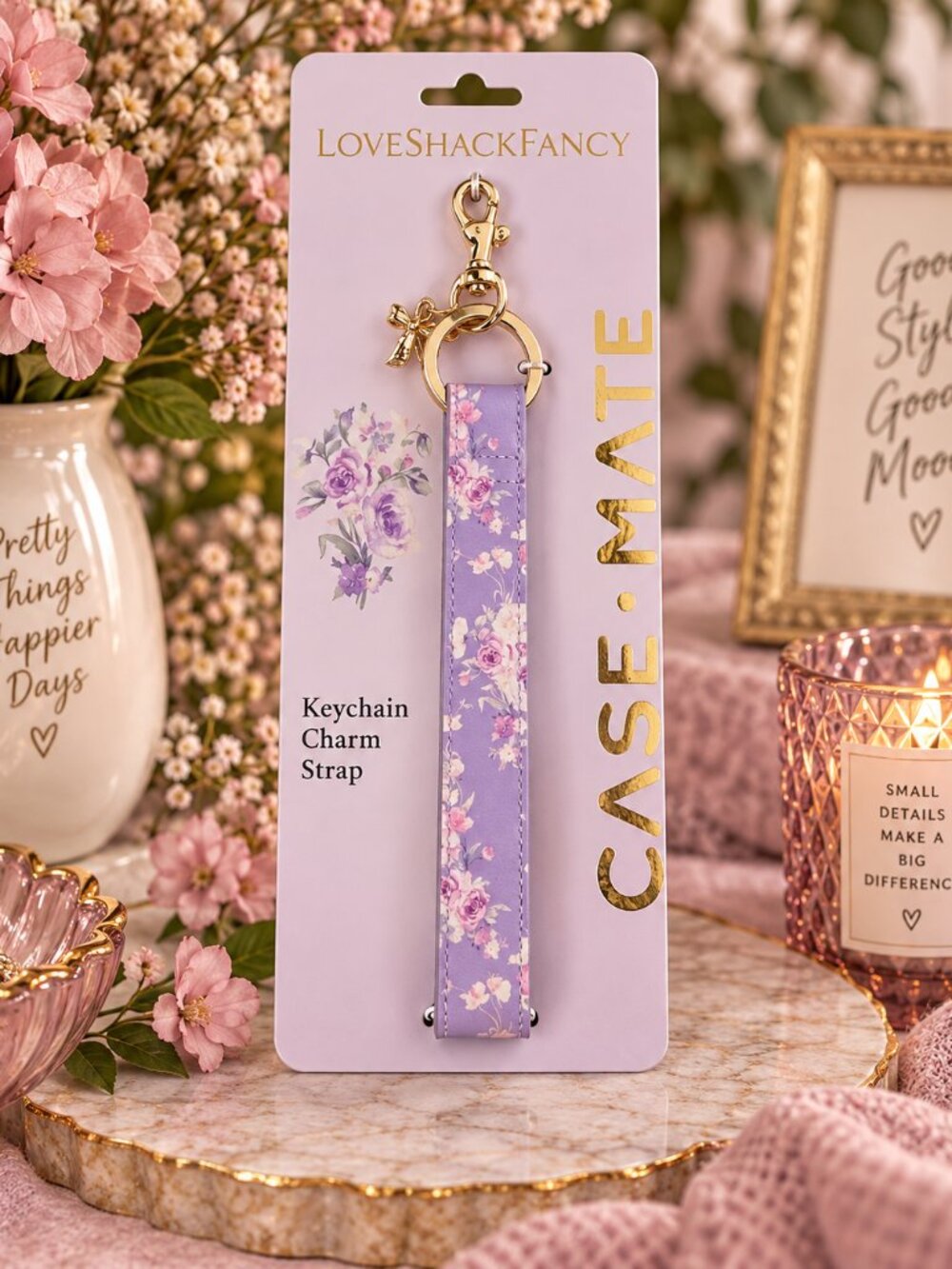 LoveShackFancy x Case-Mate Lavender Floral Keychain Charm Strap Gold Bow